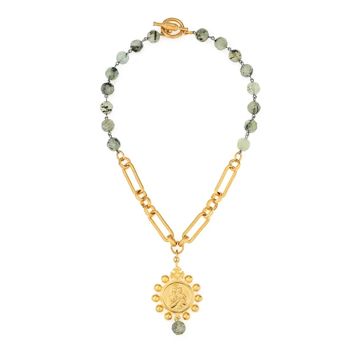 French Kande Necklaces 18 24k Gold Plated Chain Prehnite Necklace with Gold Medallion French Kande Necklaces 18 24k Gold Plated Chain Prehnite Necklace with Gold Medallion