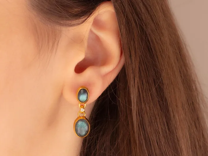 GG GOLD OOAK Earrings GURHAN Rune Gold Labradorite Single Drop Earrings Mixed Oval set in Wide Frame GG GOLD OOAK Earrings GURHAN Rune Gold Labradorite Single Drop Earrings Mixed Oval set in Wide Frame
