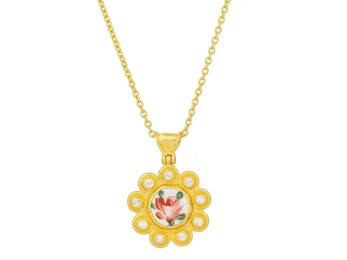 GG GOLD OOAK Necklaces GURHAN Muse Gold Guilloche Enamel Pendant Necklace 9mm Round set in Diamond Frame GG GOLD OOAK Necklaces GURHAN Muse Gold Guilloche Enamel Pendant Necklace 9mm Round set in Diamond Frame