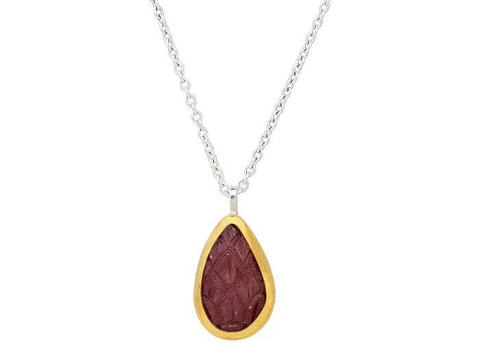 GG SILVER CLR Necklaces GURHAN Galapagos Sterling Silver Ruby Pendant Necklace 20x13mm Carved Teardrop Gold Accents GG SILVER CLR Necklaces GURHAN Galapagos Sterling Silver Ruby Pendant Necklace 20x13mm Carved Teardrop Gold Accents