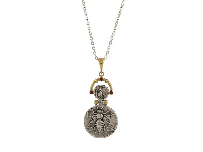 GG SILVER CLS Necklaces GURHAN Coin Sterling Silver Pendant Necklace Bee Stag Emblem Gold Accents GG SILVER CLS Necklaces GURHAN Coin Sterling Silver Pendant Necklace Bee Stag Emblem Gold Accents