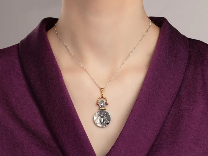 GG SILVER CLS Necklaces GURHAN Coin Sterling Silver Pendant Necklace Bee Stag Emblem Gold Accents GG SILVER CLS Necklaces GURHAN Coin Sterling Silver Pendant Necklace Bee Stag Emblem Gold Accents