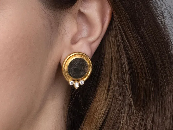 GURHAN Antiquities Gold Coin Stud Earrings 16mm Round Set in Wide Frame GG GOLD OOAK Earrings