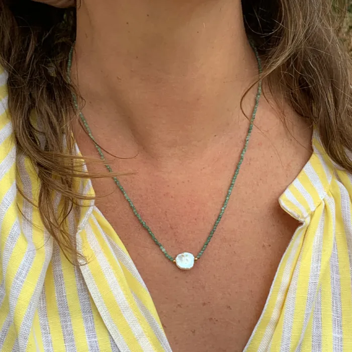 Necklaces Emily Amey Jewelry Keshi Pearl with Emerald beaded necklace