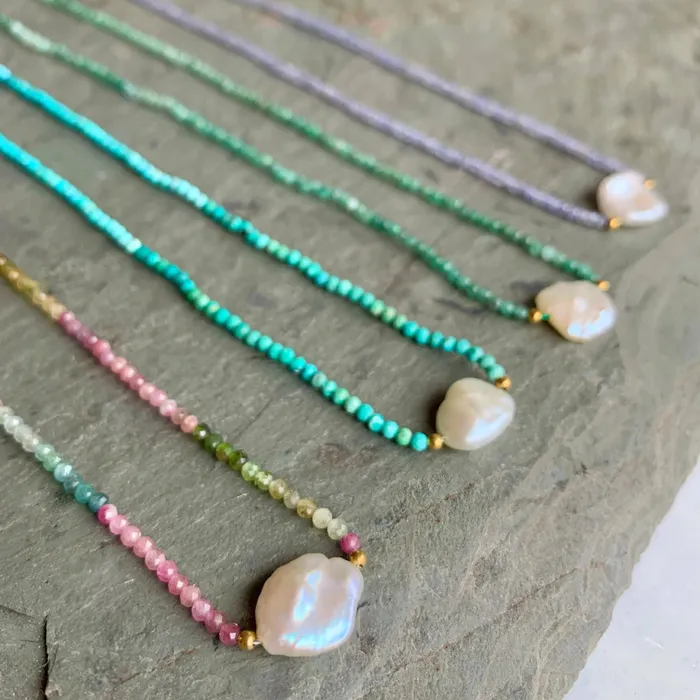 Necklaces Emily Amey Jewelry Keshi Pearl with Emerald beaded necklace