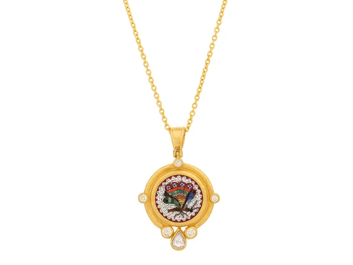 Necklaces GURHAN Antiquities Gold Micro Mosaic Pendant Necklace 14mm Round set in Wide Frame Butterfly Motif GG GOLD OOAK Necklaces GURHAN Antiquities Gold Micro Mosaic Pendant Necklace 14mm Round set in Wide Frame Butterfly Motif GG GOLD OOAK