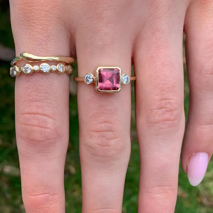 Rings Emily Amey Jewelry Asscher cut Pink Tourmaline and Diamond ring in 14k gold