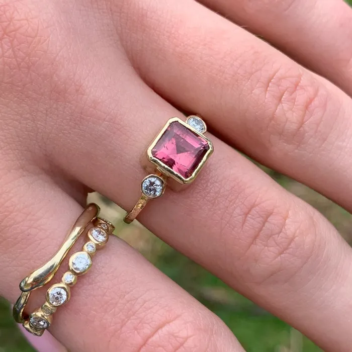 Rings Emily Amey Jewelry Asscher cut Pink Tourmaline and Diamond ring in 14k gold