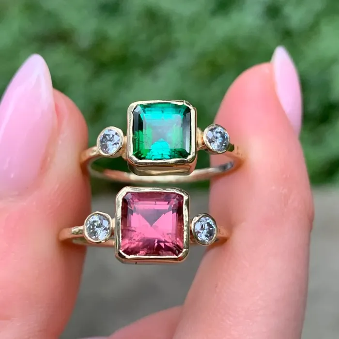 Rings Emily Amey Jewelry Asscher cut Pink Tourmaline and Diamond ring in 14k gold
