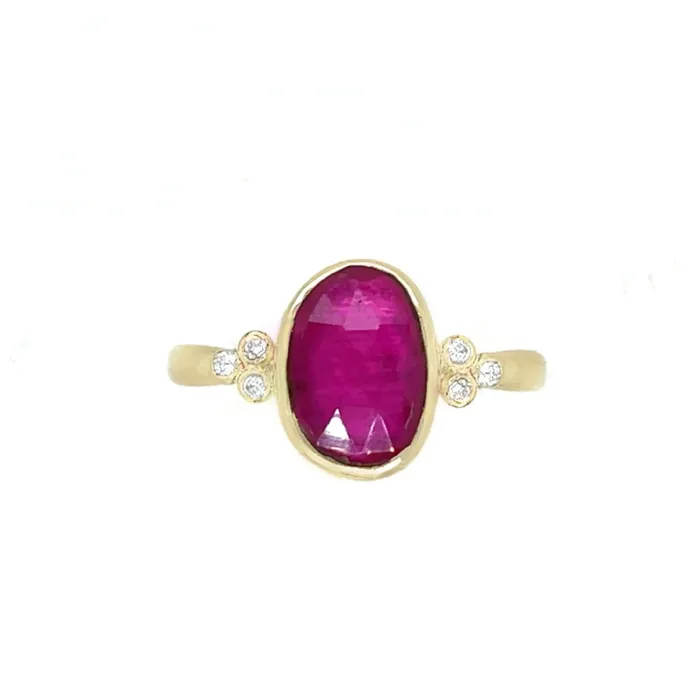 Rings Emily Amey Jewelry Pink Ruby Ring with diamond clusters in 14k gold Rings Emily Amey Jewelry Pink Ruby Ring with diamond clusters in 14k gold