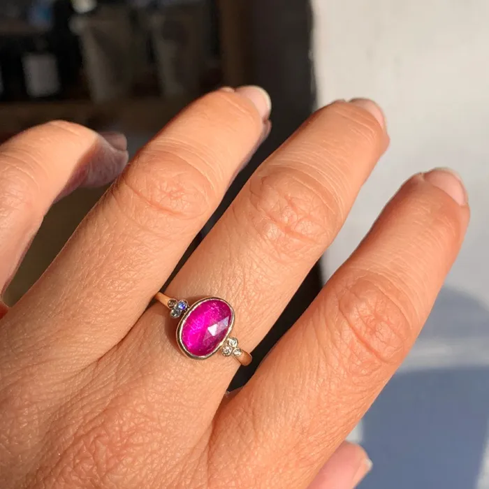 Rings Emily Amey Jewelry Pink Ruby Ring with diamond clusters in 14k gold