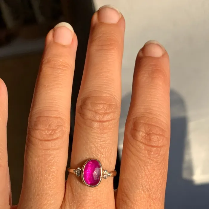 Rings Emily Amey Jewelry Pink Ruby Ring with diamond clusters in 14k gold