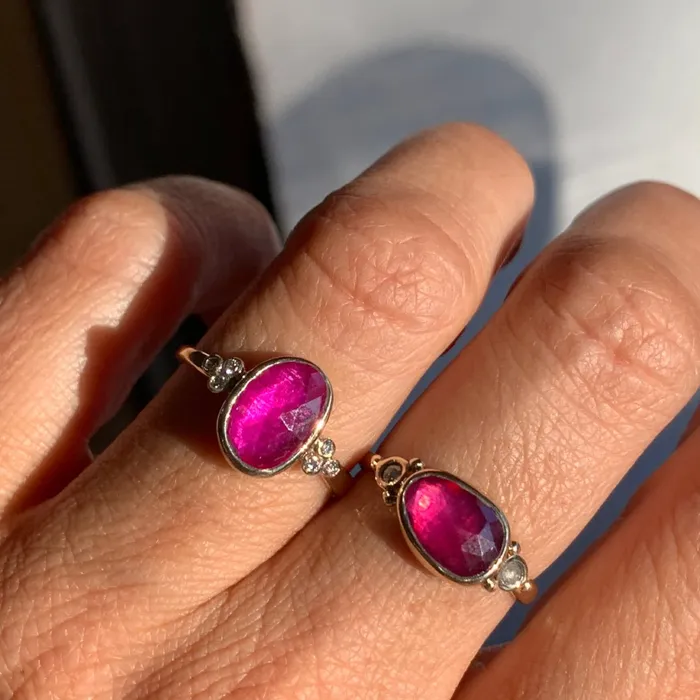 Rings Emily Amey Jewelry Pink Ruby Ring with diamond clusters in 14k gold