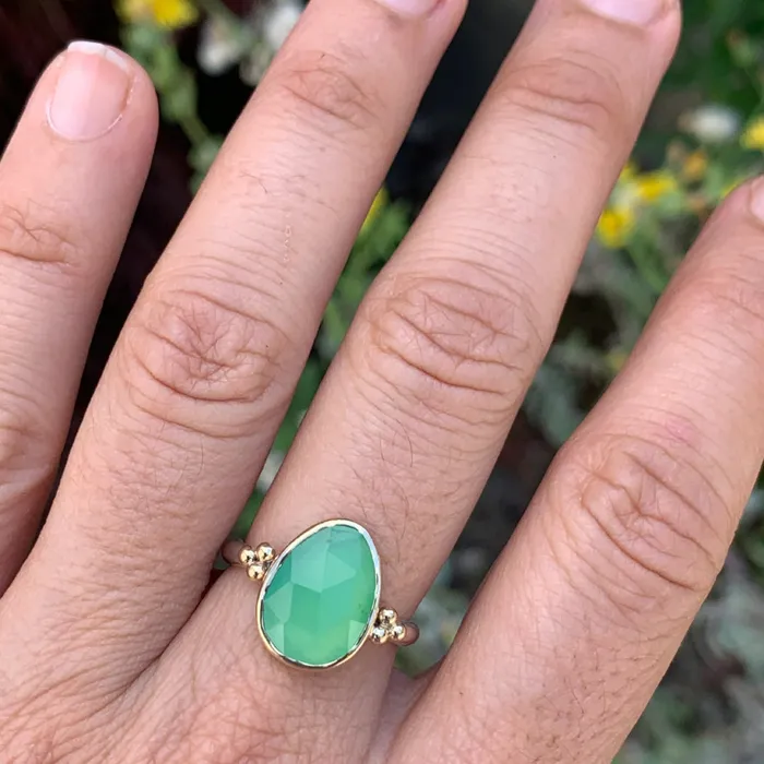 Rosecut Chrysoprase ring in 14k gold and sterling silver Emily Amey Jewelry Rings