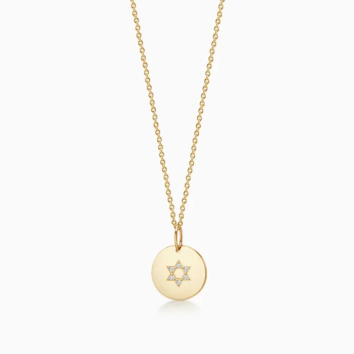 12 inch Engravable 14k Gold Disc Charm Necklace with Diamond Star of David Small Sandy Steven Engravers Necklaces 12 inch Engravable 14k Gold Disc Charm Necklace with Diamond Star of David Small Sandy Steven Engravers Necklaces