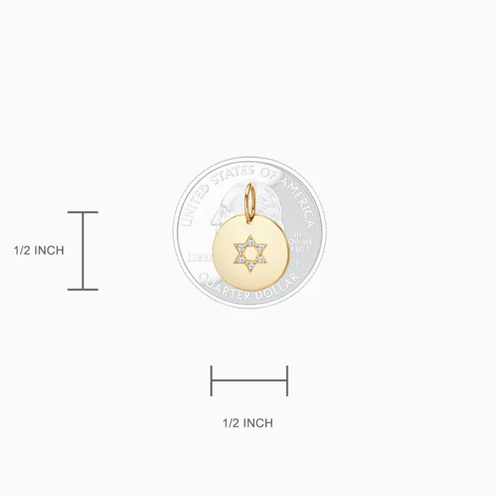 12 inch Engravable 14k Gold Disc Charm Necklace with Diamond Star of David Small Sandy Steven Engravers Necklaces
