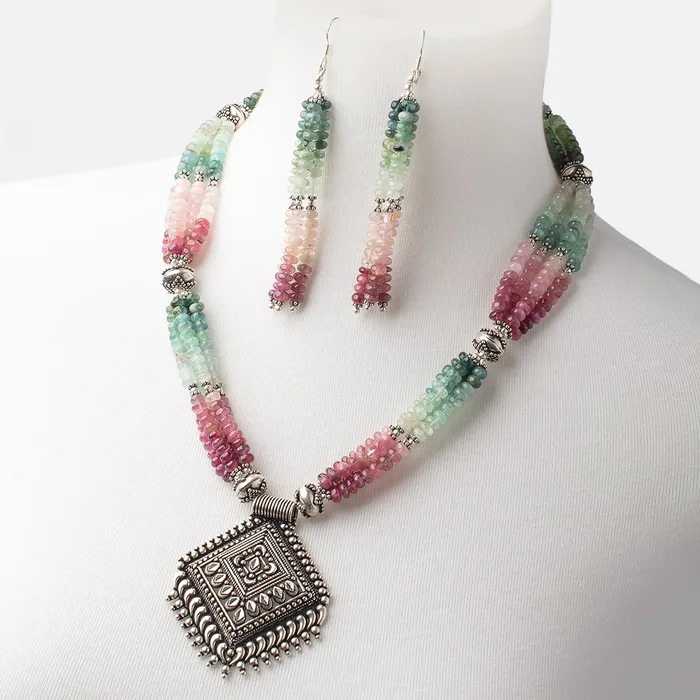 Beadsofcambaycom Necklaces Afghani Tourmaline Antiqued Silver Necklace and Earring Set