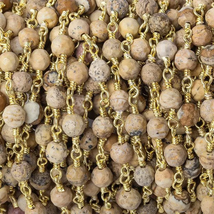 Beadsofcambaycom PreStyled Sets 4mm Jasper faceted rounds Gold plated Wire Wrapped Chain Beadsofcambaycom PreStyled Sets 4mm Jasper faceted rounds Gold plated Wire Wrapped Chain