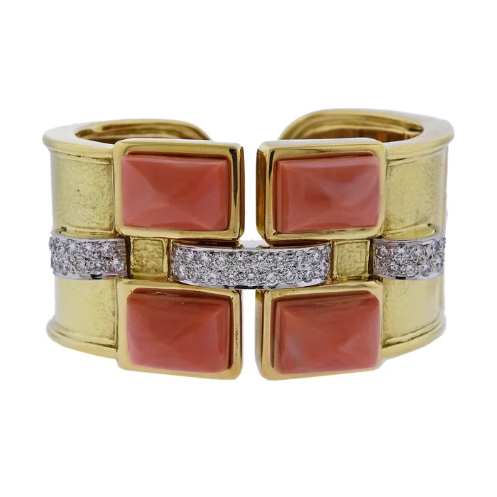 David Webb Bastille Diamond Gold Platinum Coral Cuff Bracelet David Webb Bracelets David Webb Bastille Diamond Gold Platinum Coral Cuff Bracelet David Webb Bracelets
