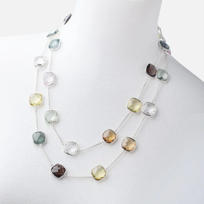 Multi Gemstone Faceted Cushion 925 Silver Bezel Chain Necklace AAA Beadsofcambaycom Necklaces
