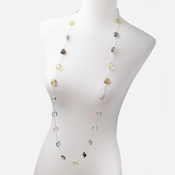 Multi Gemstone Faceted Cushion 925 Silver Bezel Chain Necklace AAA Beadsofcambaycom Necklaces