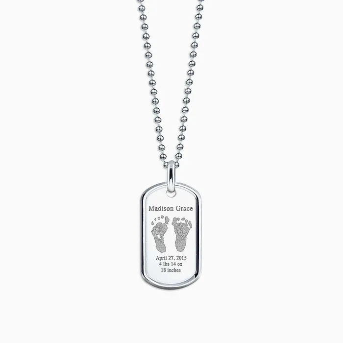 Sandy Steven Engravers Custom Engraved Mens RaisedEdge Sterling Silver Baby Footprint Dog Tag Necklace with Ball Chain Medium Necklaces