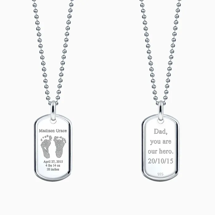 Sandy Steven Engravers Custom Engraved Mens RaisedEdge Sterling Silver Baby Footprint Dog Tag Necklace with Ball Chain Medium Necklaces