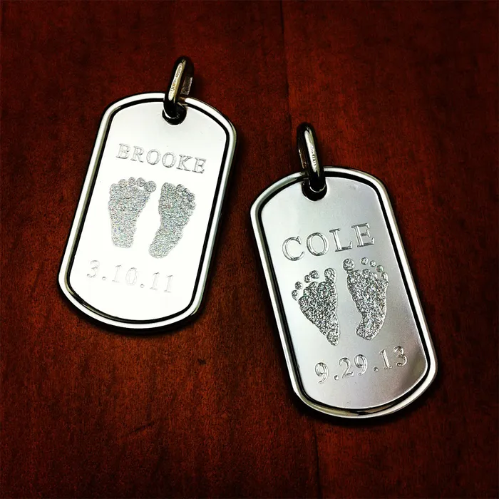Sandy Steven Engravers Custom Engraved Mens RaisedEdge Sterling Silver Baby Footprint Dog Tag Necklace with Ball Chain Medium Necklaces