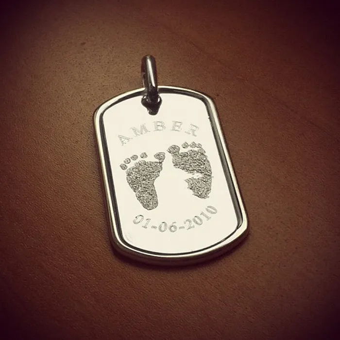 Sandy Steven Engravers Custom Engraved Mens RaisedEdge Sterling Silver Baby Footprint Dog Tag Necklace with Ball Chain Medium Necklaces
