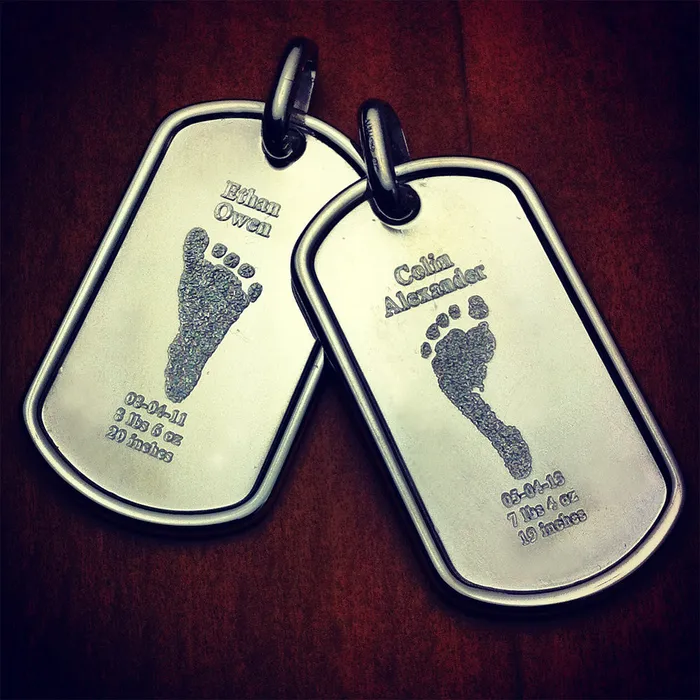 Sandy Steven Engravers Custom Engraved Mens RaisedEdge Sterling Silver Baby Footprint Dog Tag Necklace with Ball Chain Medium Necklaces