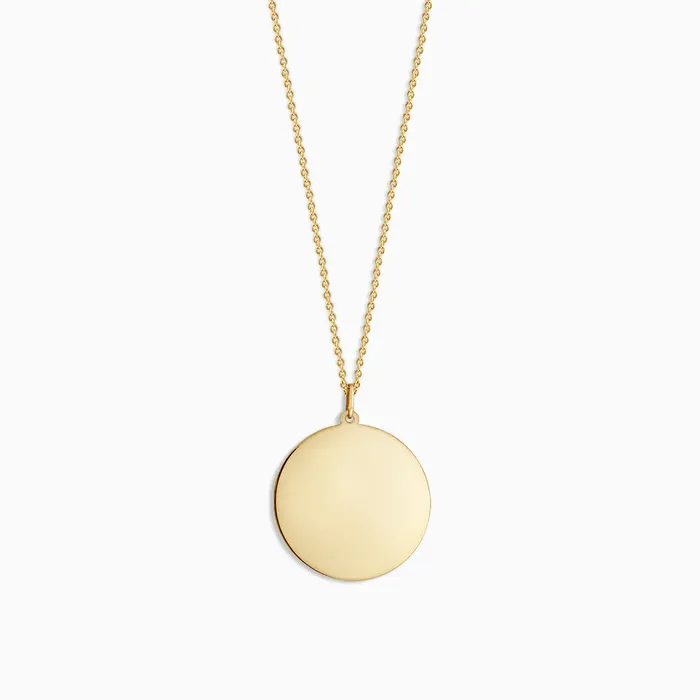 Sandy Steven Engravers Necklaces Engravable 1 inch 14k Yellow Gold Disc Charm Necklace with Cable Chain Sandy Steven Engravers Necklaces Engravable 1 inch 14k Yellow Gold Disc Charm Necklace with Cable Chain