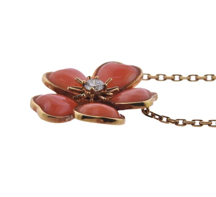 Van Cleef Arpels Van Cleef Arpels Coral Diamond Gold Flower Pendant Necklace Necklaces Van Cleef Arpels Van Cleef Arpels Coral Diamond Gold Flower Pendant Necklace Necklaces
