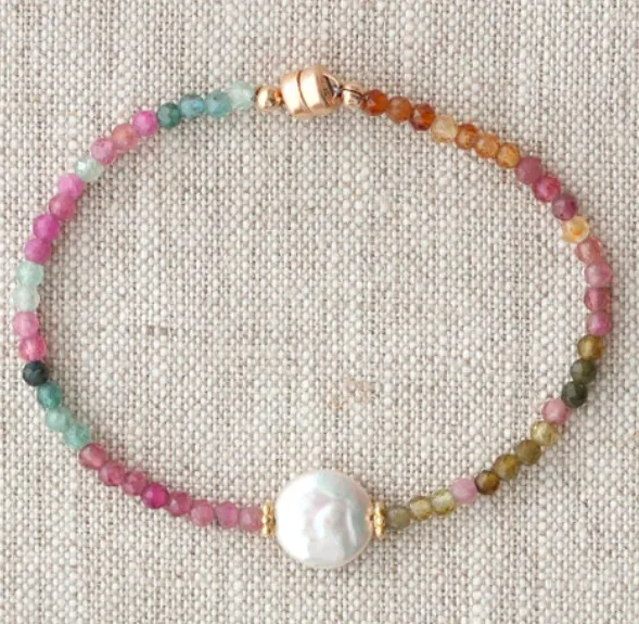 AVF AVF Gold Multicolored Tourmaline Bracelet with White Coin Pearl Bracelets AVF AVF Gold Multicolored Tourmaline Bracelet with White Coin Pearl Bracelets