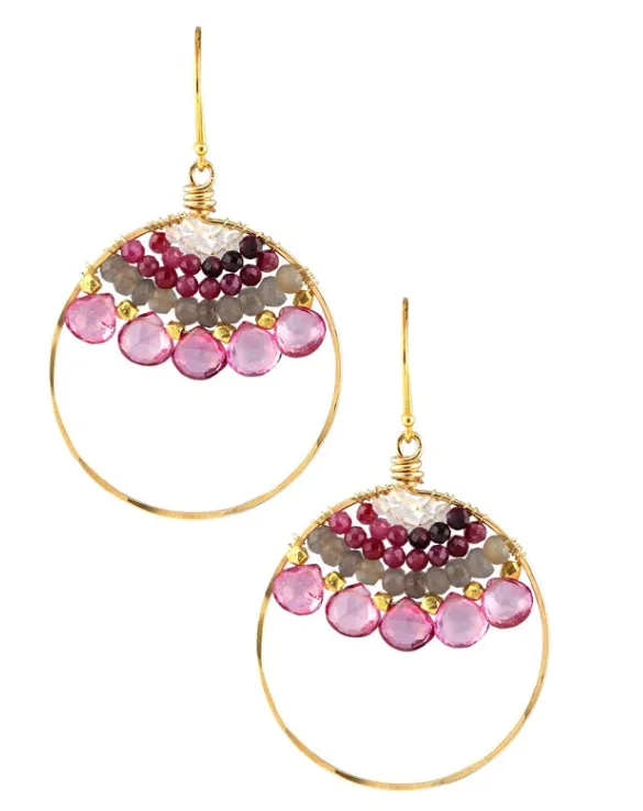 AVF Earrings AVF Gold Pink Topaz Gray Moonstone Ruby Moonstone Front Facing Hoop Earrings SI6700