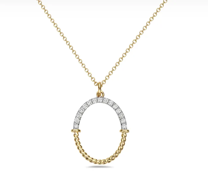 Bassali Necklaces 14k Gold Half Diamond Half Rope Negative Space Oval Necklace Bassali Necklaces 14k Gold Half Diamond Half Rope Negative Space Oval Necklace