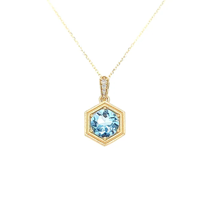 Bassali Necklaces 14k Yellow Gold Matte Blue Topaz Hexagon Necklace I7633