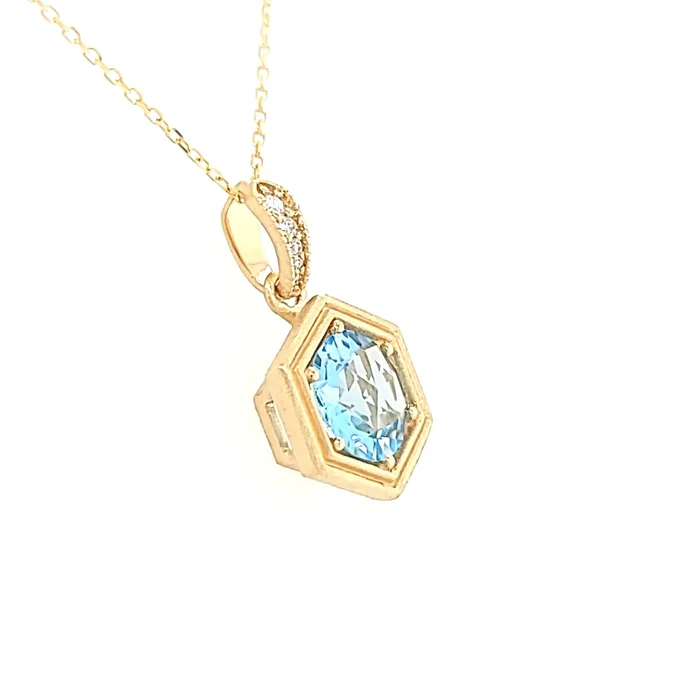Bassali Necklaces 14k Yellow Gold Matte Blue Topaz Hexagon Necklace I7633