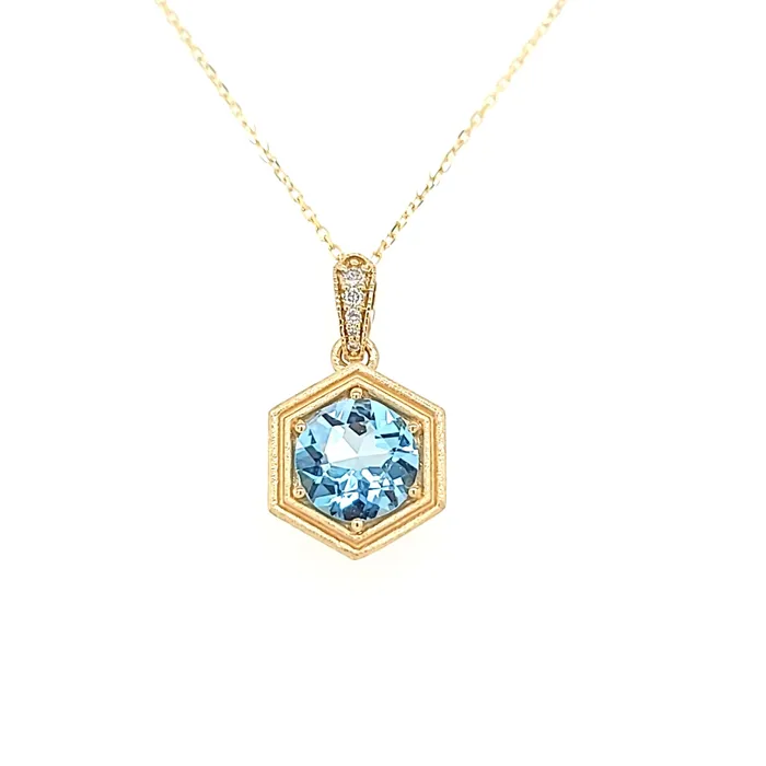 Bassali Necklaces 14k Yellow Gold Matte Blue Topaz Hexagon Necklace I7633