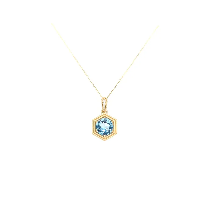 Bassali Necklaces 14k Yellow Gold Matte Blue Topaz Hexagon Necklace I7633