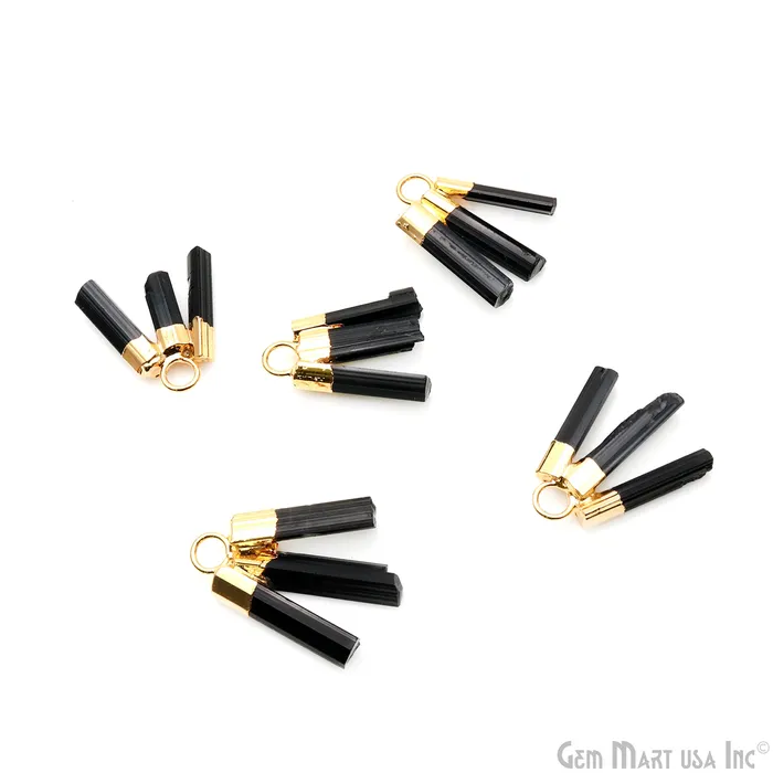 Black Tourmaline 26x16mm Gemstone 3 Bars Gold Electroplated Necklace Pendant GemMartUSA Necklaces