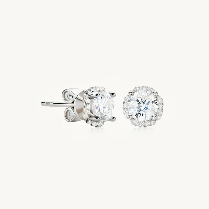 Camile Stone Earrings Clover Cushioned Halo Moissanite Stud Earrings 05 Carat