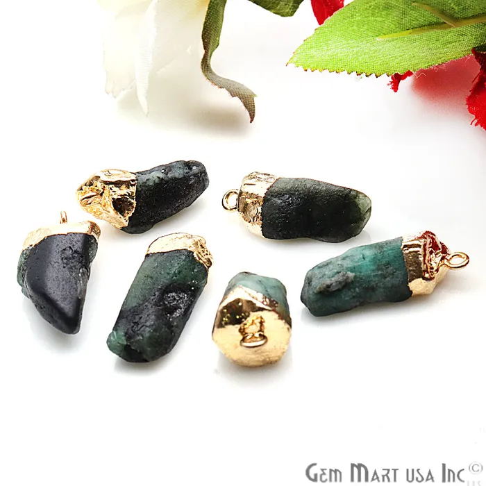 Charm Necklaces GemMartUSA Rough Emerald Gemstone 25x9mm Organic Gold Edged Single Bail Connector Charm
