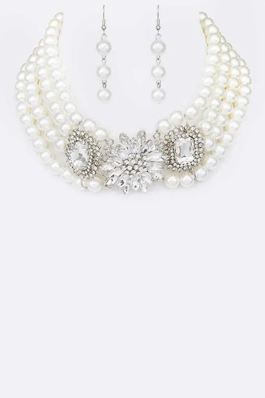 Crystal Flower Layer Pearl Choker Necklace Set LA Jewelry Plaza Necklaces