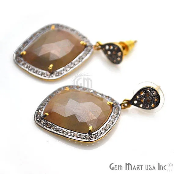 Earrings GemMartUSA Brown Sapphire With Cubic Zirconia Pave Diamond 40x22mmGold Vermeil Dangle Drop Stud Earring