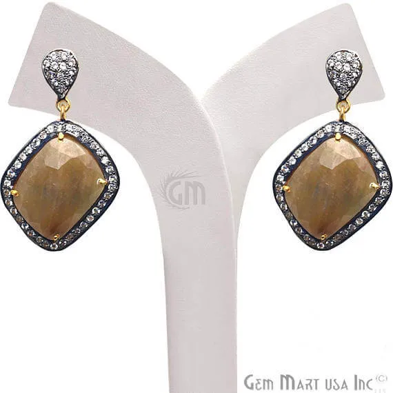 Earrings GemMartUSA Brown Sapphire With Cubic Zirconia Pave Diamond 40x22mmGold Vermeil Dangle Drop Stud Earring