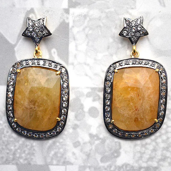 Earrings GemMartUSA Yellow Sapphire With Cubic Zirconia Pave Diamond 38x20mmGold Vermeil Dangle Drop Stud Earring