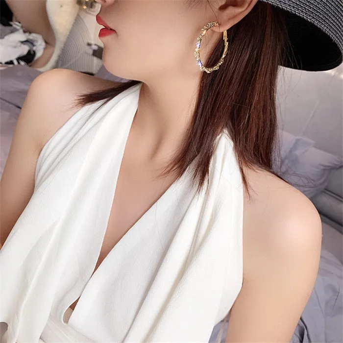 Earrings Sweet T 52 Shiny Round Crystal Hoop Screwin Closure Fashion Earrings for Women and Girls in Gold and Rhinestones