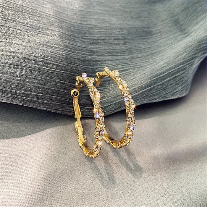 Earrings Sweet T 52 Shiny Round Crystal Hoop Screwin Closure Fashion Earrings for Women and Girls in Gold and Rhinestones