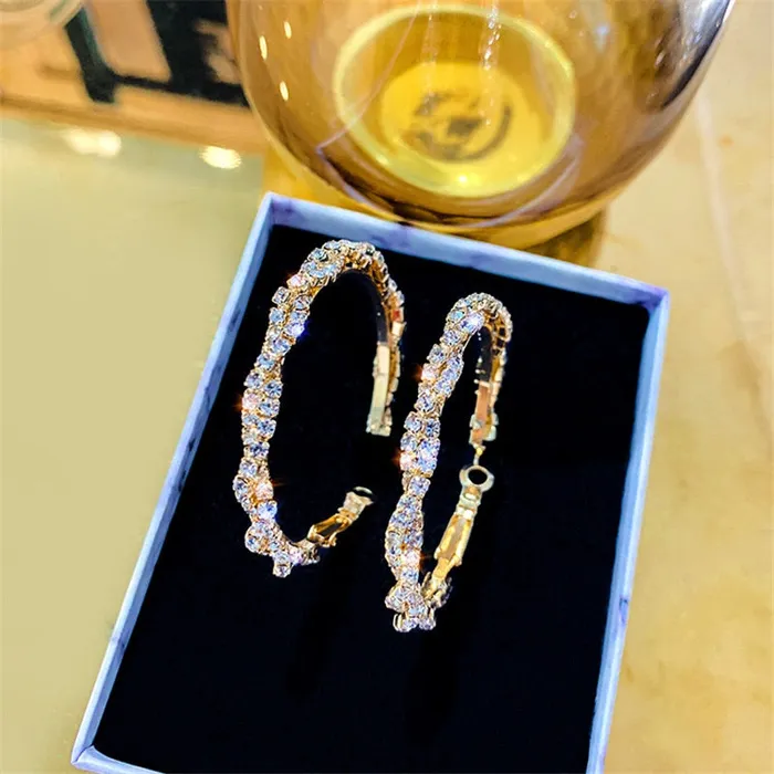 Earrings Sweet T 52 Shiny Round Crystal Hoop Screwin Closure Fashion Earrings for Women and Girls in Gold and Rhinestones