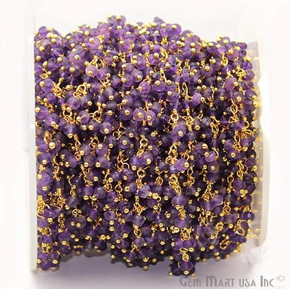 GemMartUSA Amethyst Round Faceted Gold Plated Cluster Beads Wire Wrapped Rosary Chain Charm Necklaces GemMartUSA Amethyst Round Faceted Gold Plated Cluster Beads Wire Wrapped Rosary Chain Charm Necklaces